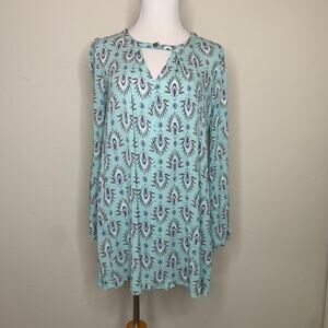 Crinkle Fabric Dress Green Paisley Sz Small Flowy Sleeve